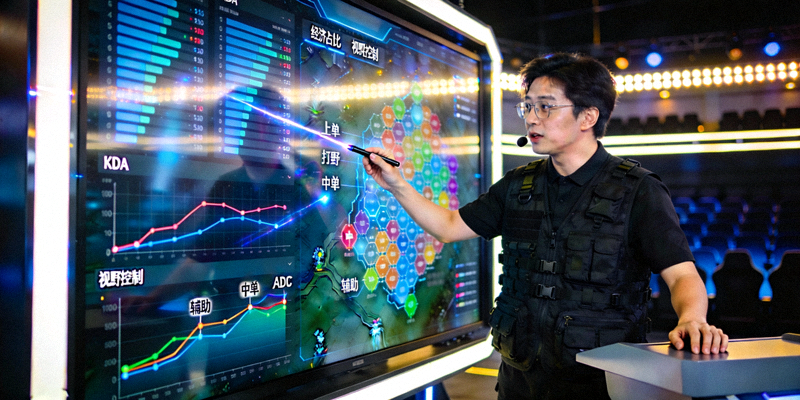 电竞战术分析师正在大屏幕前讲解复杂的比赛数据和阵容走势图