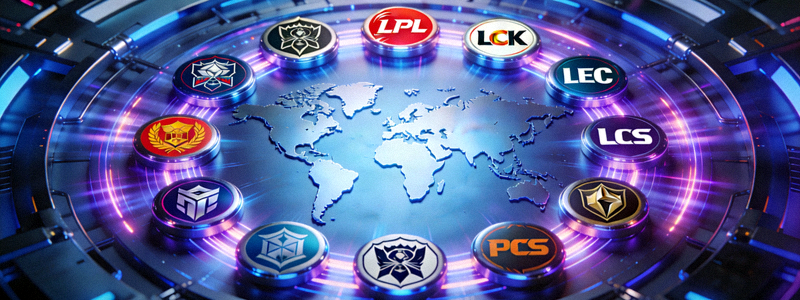 各大赛区联赛标志环绕着中央的世界地图，象征全球电竞格局