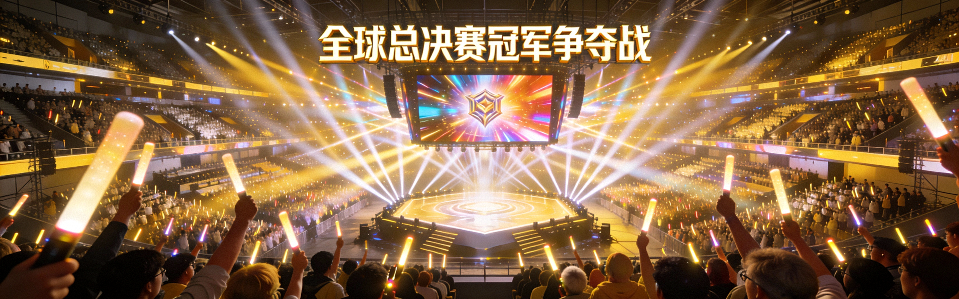 全球总决赛冠军争夺战现场盛况 - 舞台灯光璀璨，观众座无虚席